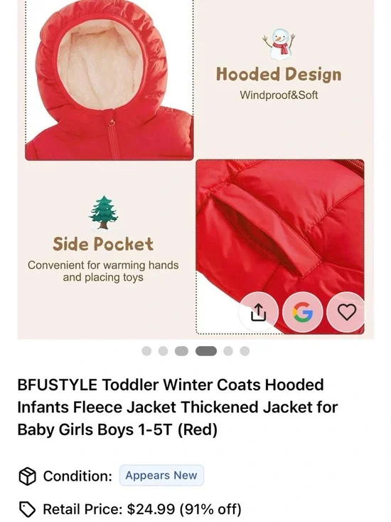 Toddler Puffer Jacket – Red Hooded Fleece Lined Coat - Picture 2 of 3